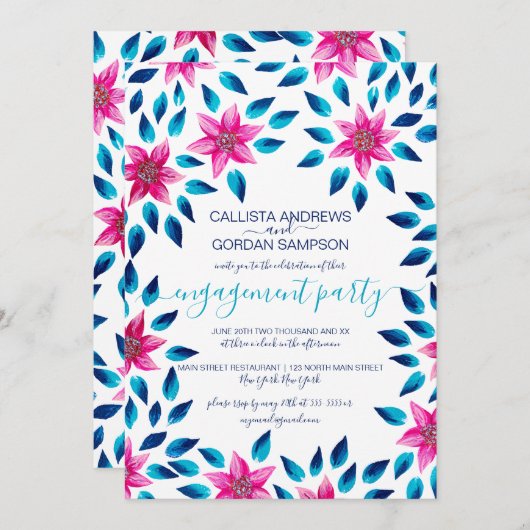 ピンク色の花離れ類アクリル絵を描婚約 招待状 (正面/裏面)