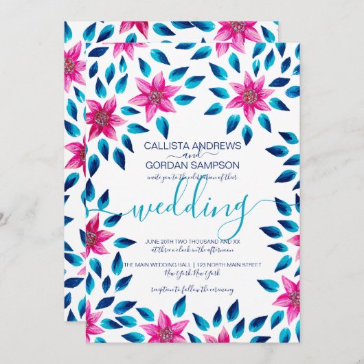 ピンク色の花離れ類アクリル絵を描結婚ズ 招待状 (正面/裏面)