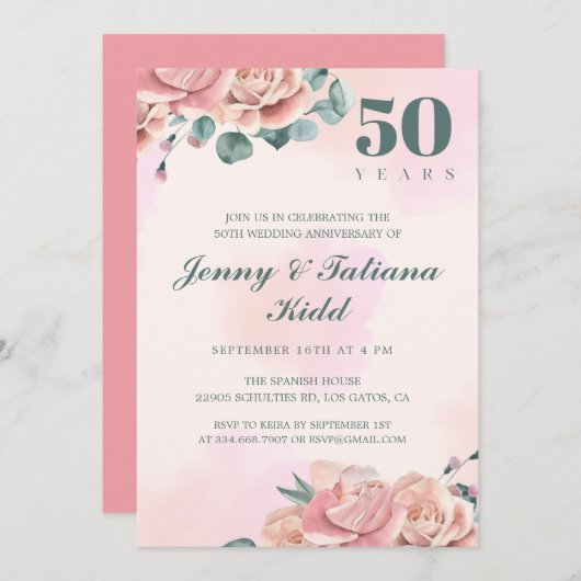 ピンク色の花50結婚周年 招待状 (正面/裏面)