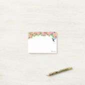 ピンク色の花、ハミングバード&白の書道 ポストイット (デスク上)