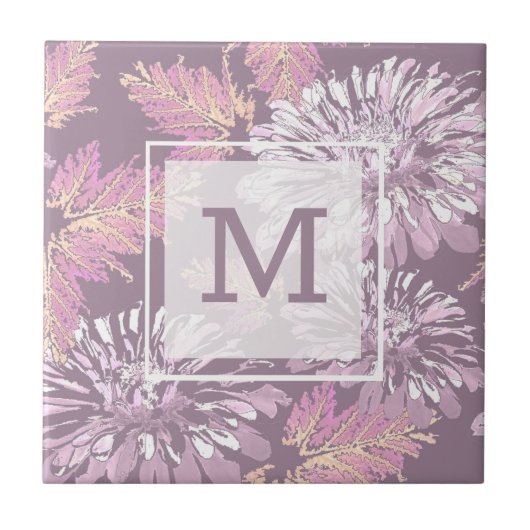 ピンク色の花、水色、レトロ タイル (正面)