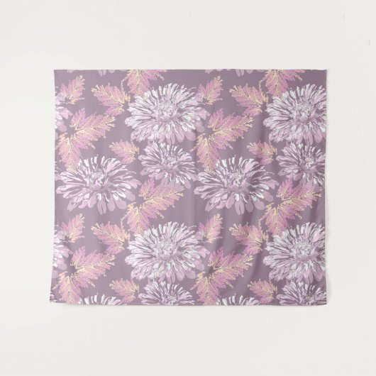 ピンク色の花、水色、レトロ タペストリー (正面(横))