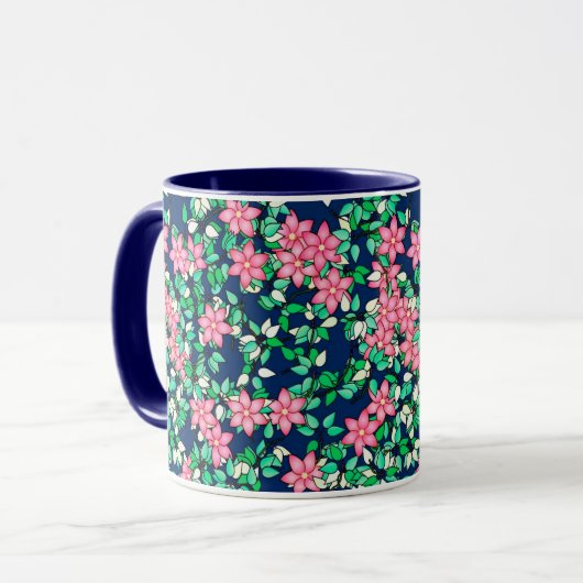 ピンク色の花、濃い青の背景 マグカップ (正面左)