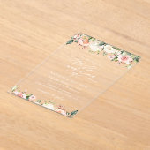 ピンク色の花、白い花、緑結婚、 アクリル招待状 (レイダウン)