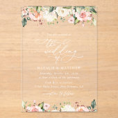 ピンク色の花、白い花、緑結婚、 アクリル招待状 (正面)