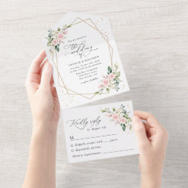 ピンク色の花、白い花、緑結婚、 オールインワン招待状