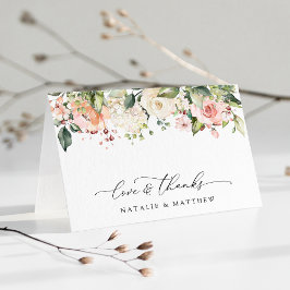 ピンク色の花、白い花、緑結婚、 サンキューカード