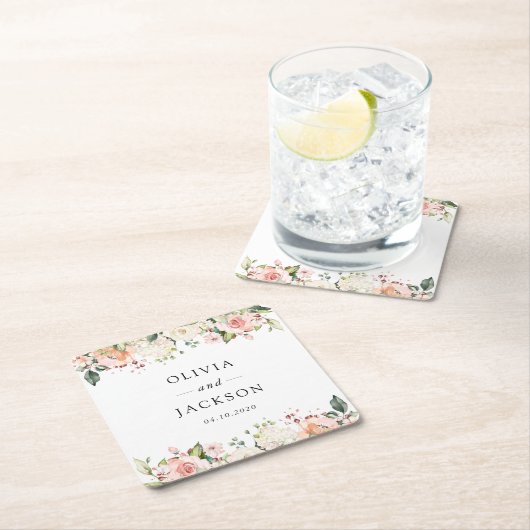 ピンク色の花、白い花、緑結婚、 スクエアペーパーコースター (インサイチュ)