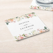 ピンク色の花、白い花、緑結婚、 スクエアペーパーコースター (アングル)