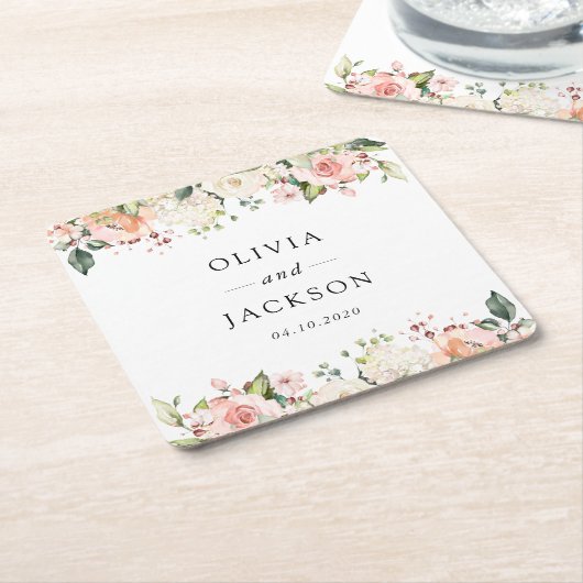 ピンク色の花、白い花、緑結婚、 スクエアペーパーコースター (アングル)