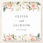 ピンク色の花、白い花、緑結婚、 スクエアペーパーコースター (正面)