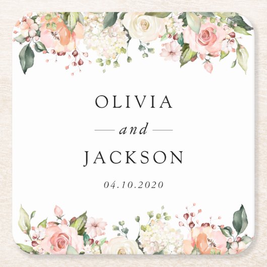 ピンク色の花、白い花、緑結婚、 スクエアペーパーコースター (正面)