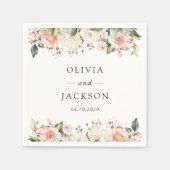 ピンク色の花、白い花、緑結婚、 スタンダードカクテルナプキン (正面)