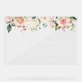 ピンク色の花、白い花、誕生日歓迎 アクリルサイン (正面)