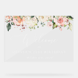 ピンク色の花、白い花、誕生日歓迎 アクリルサイン