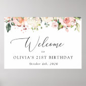 ピンク色の花、白い花、誕生日歓迎 ポスター (正面)