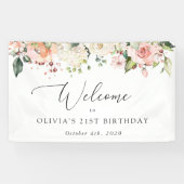 ピンク色の花、白い花、誕生日歓迎 横断幕 (横)