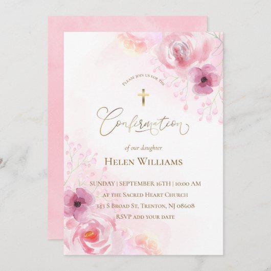 ピンク色の花 | 確認 招待状 (正面/裏面)