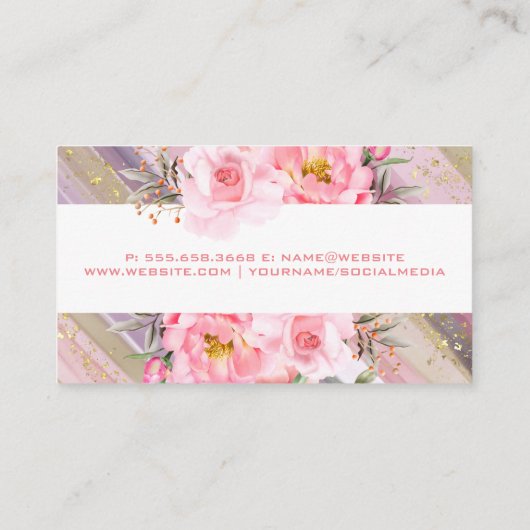 ピンク色の花 | 芸術的絵を描 | 金箔の斑点 名刺 (裏面)