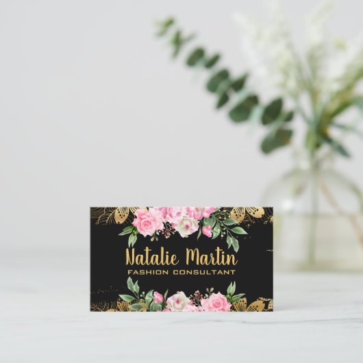 ピンク色の花 | 黄金の花の模様 名刺 (スタンド正面)