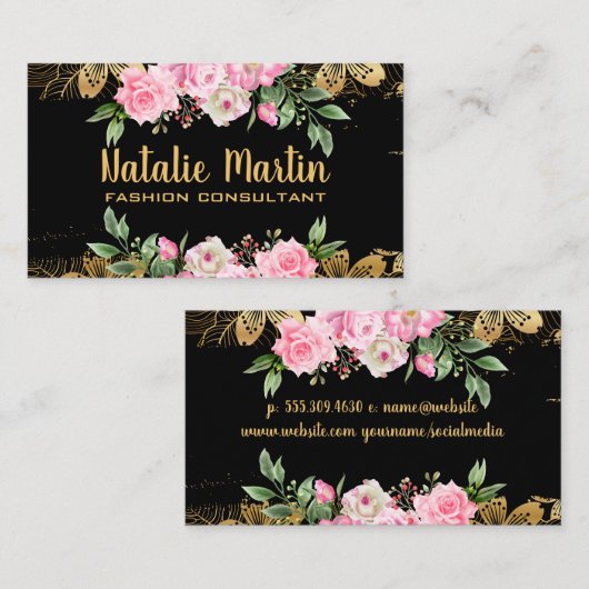ピンク色の花 | 黄金の花の模様 名刺 (正面/裏面)