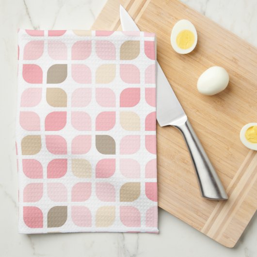 ピンク色の茶色の白い葉柄の色合い キッチンタオル (四つ折り)