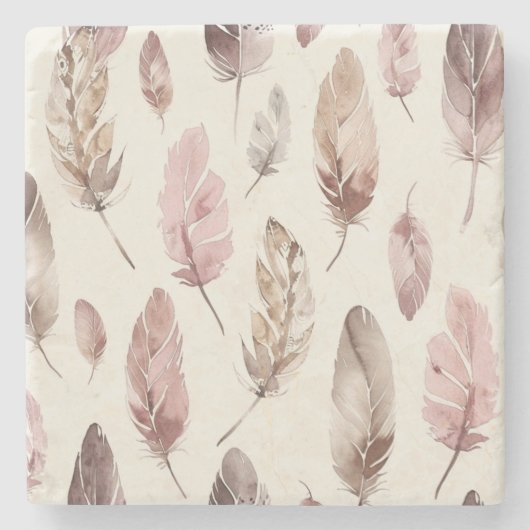 ピンク色の茶色の羽 ストーンコースター (正面)