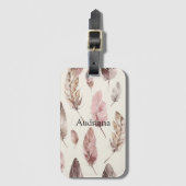 ピンク色の茶色の羽 ラゲッジタグ (正面縦)