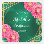 ピンク色の菊と金ゴールド幾何結婚の スクエアシール (正面)