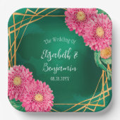 ピンク色の菊と金ゴールド幾何結婚の ペーパープレート (正面)