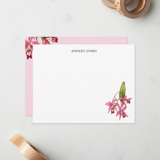 ピンク色の蘭の文房具パーソナライズされた具 ノートカード (正面/裏面インサイチュ)