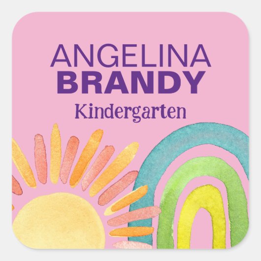 ピンク色の虹と太陽の子供の最初の日ラベル スクエアシール (正面)