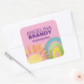 ピンク色の虹と太陽の子供の最初の日ラベル スクエアシール (封筒)