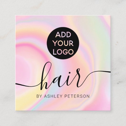 ピンク色の虹のユニコーン大理石ガーリーのヘアロゴ スクエア名刺 (正面)