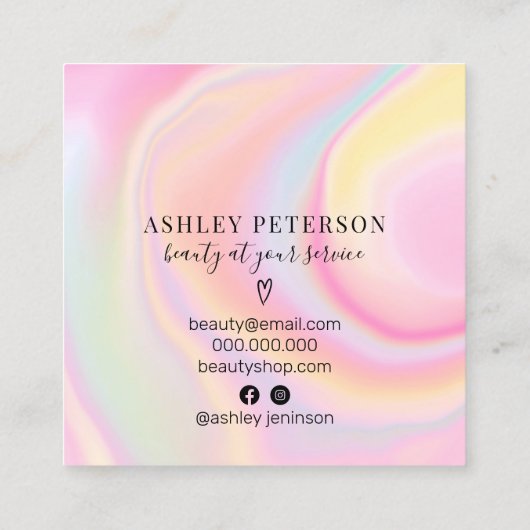 ピンク色の虹のユニコーン大理石ガーリーのヘアロゴ スクエア名刺 (裏面)