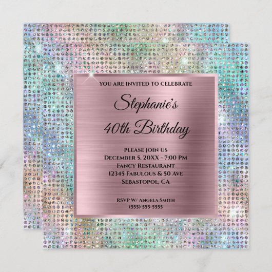 ピンク色の虹色のダイヤモンドスタッズフォイル40th誕生日 招待状 (正面/裏面)