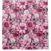 ピンク色の蝶と花 シャワーカーテン (正面)