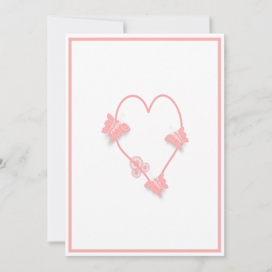 ピンク色の蝶ハート結婚デザイン セーブザデート (裏面)