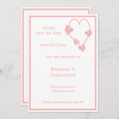 ピンク色の蝶ハート結婚デザイン セーブザデート (正面/裏面)