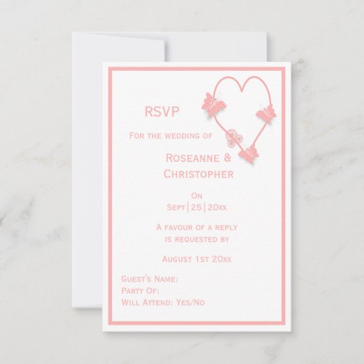 ピンク色の蝶ハート結婚デザイン 出欠カード (正面)