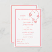 ピンク色の蝶ハート結婚デザイン 出欠カード (正面/裏面)