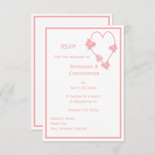 ピンク色の蝶ハート結婚デザイン 出欠カード (正面/裏面)