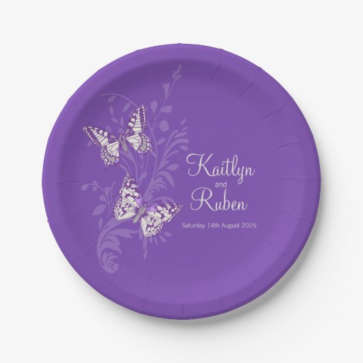 ピンク色の蝶パープル結婚アートの紙プレート ペーパープレート (正面)