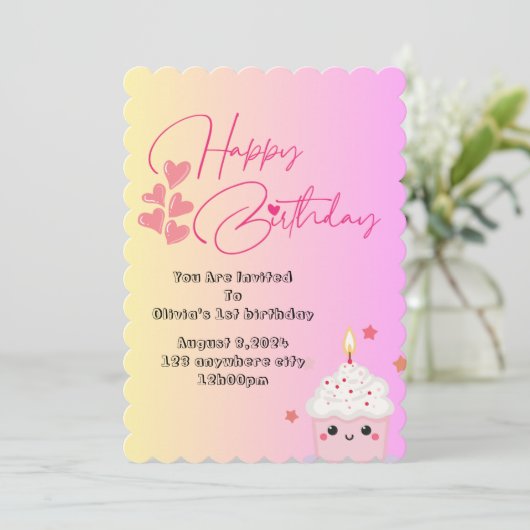 ピンク色の誕生日の女の子の招待 招待状 (スタンド正面)