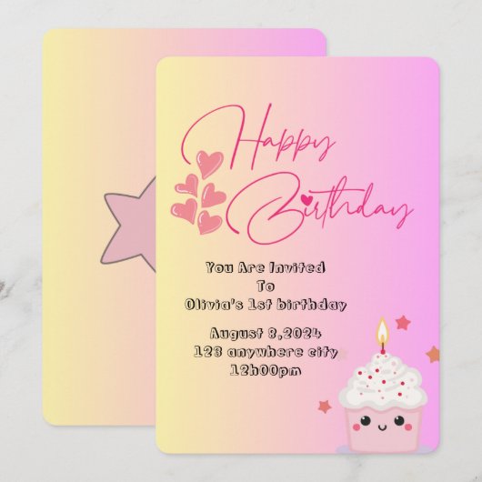 ピンク色の誕生日の女の子の招待 招待状 (正面/裏面)