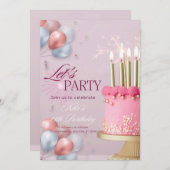 ピンク色の誕生日調整 招待状 (正面/裏面)