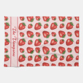 ピンク色の赤いちご果柄と文字 キッチンタオル (横)