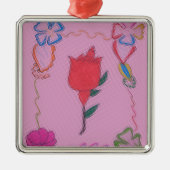 ピンク色の赤いバラ:フローラア縁どートプリント/グラフィック メタルオーナメント (正面)