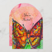 ピンク色の赤い蝶の明るい赤紫色金ゴールド 招待状 (正面/裏面)