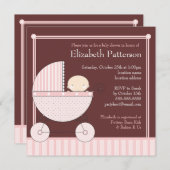 ピンク色の赤ちゃんシャワーに乗る愛らしい赤ちゃん女の子 招待状 (正面/裏面)